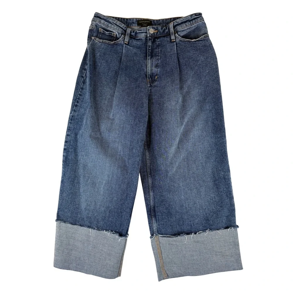 Banana Republic Wide Leg Crop Jeans Womens 31/12 Blue Raw Hem Pleated Denim